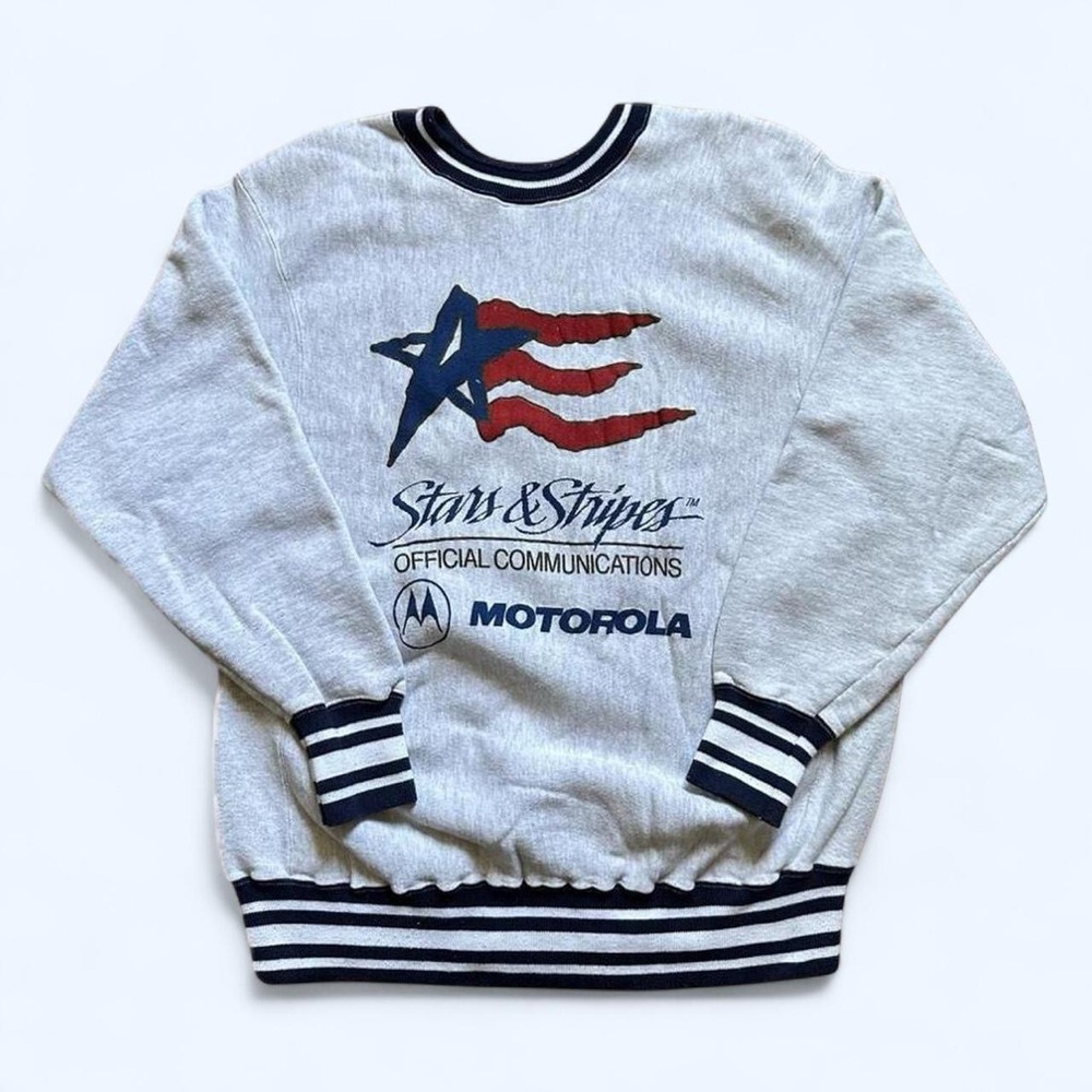 Vintage 1990s Motorola Stars & Stripes Gray Crewneck Sweater L
